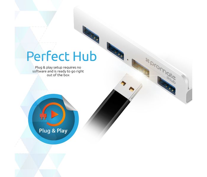 Promate Ihub USB 3.0 4 Port Aluminium Mountable Ultra-Fast Hub, Silver - Zoom Image 1