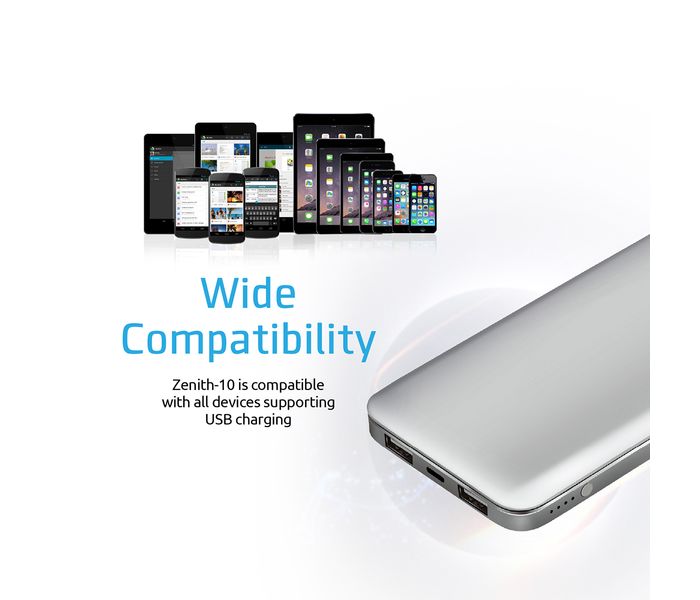 Promate Zenith-10 10000 mAh High Capacity Portable Power Bank with 3.0A Dual USB Output, Silver - Zoom Image 5