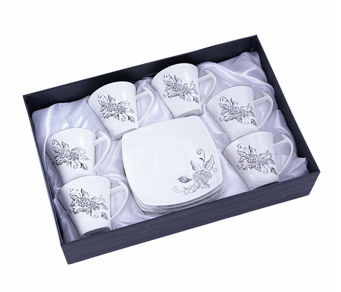 Royalford RF5726 12 Pieces Porcelain Cup & Saucer - White & Silver - Zoom Image 3