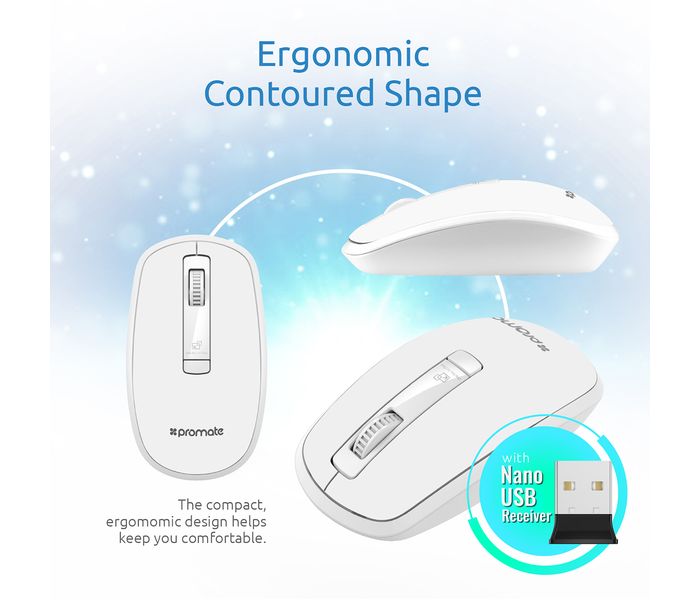 Promate Clix-3 2.4Ghz USB Wireless Ergonomic Mouse with Precision Scrolling, White - Zoom Image 3