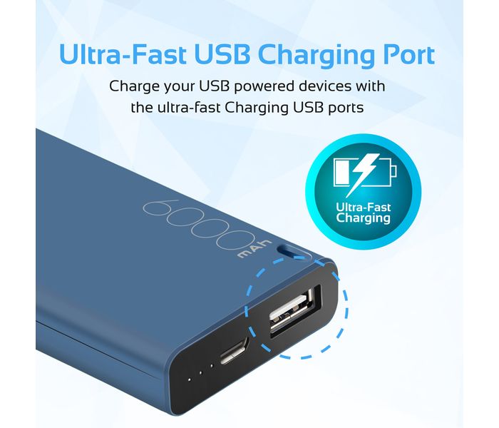 Promate Energi-6 6000 mAh Ultra Compact Portable Power Bank with 2.1A USB Port, Blue - Zoom Image 2