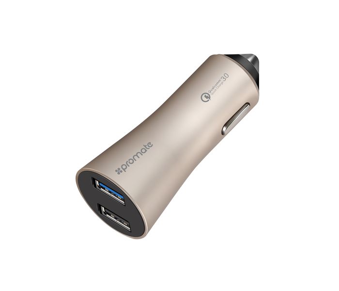 Promate Robust-QC3 Car Charger with Qualcomm Quick Charge 3.0 Dual USB Port, Gold - Zoom Image 8