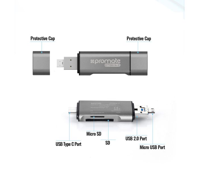 Promate OTGLink-C 3-in-1 USB Type-C OTG Card Reader for Smartphone, Tablets & Computers - Grey - Zoom Image 5