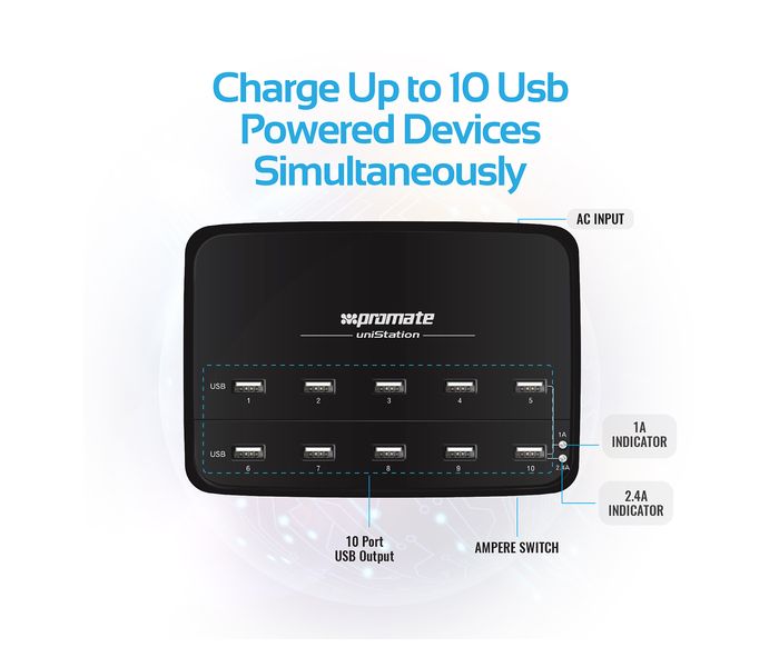 Promate UniStation 12000mAh 10-Port Desktop USB Rapid Charger with Over Charging Protection, Black - Zoom Image 2