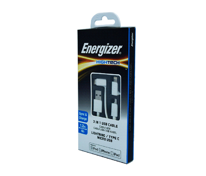 Energizer C11UBX3CFWH4 1.2 Meter 3-in-1 Type C Lightning USB Cable - White - Zoom Image 1