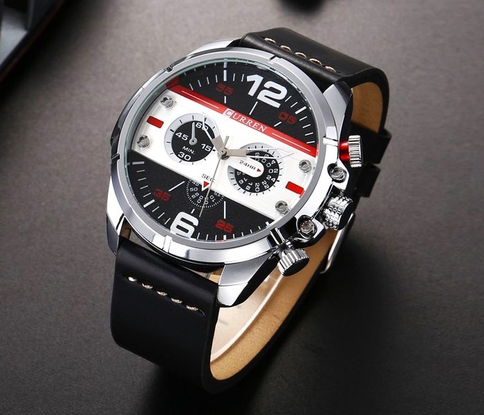 Curren 8259 Sports Waterproof Leather Strap Analog Display Wrist Watch - Silver For Men - Zoom Image 3