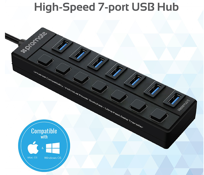 Promate MasterHub-2 7-Port High Speed USB 3.0 Hub with External Power Support - Black - Zoom Image 1