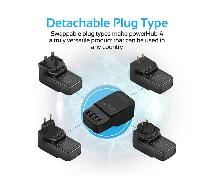 Promate PowerHub-4 6.8A High Speed USB Wall Fast Charger with 4 USB Ports, Black - Zoom Image 6