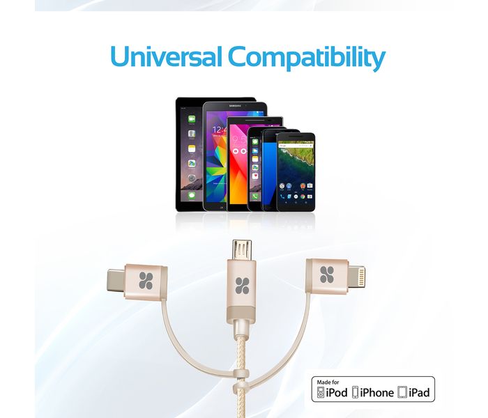 Promate UniLink-Trio 3 in 1 Triple Head Data and Charge Cable with Lightning, Type-C, and Micro-USB Connectors - Gold - Zoom Image 6