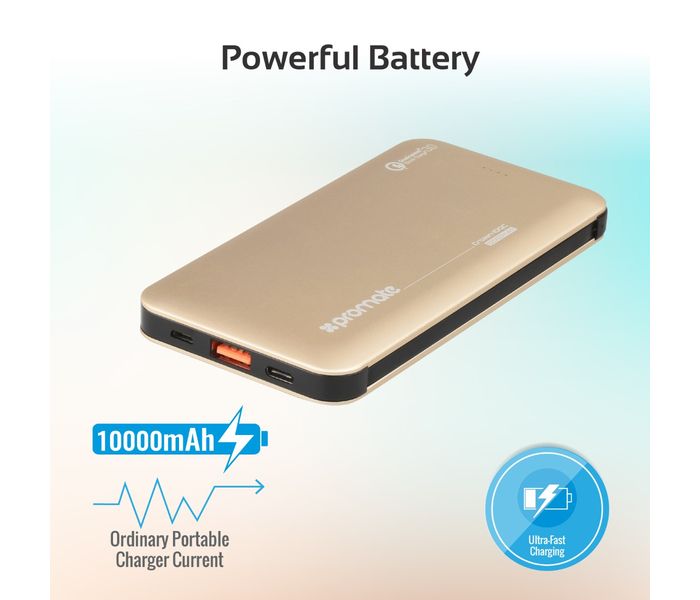 Promate Crown-10QC 10000 mAh Portable Power Bank with 18W USB Type C Charging Port, Gold - Zoom Image 1