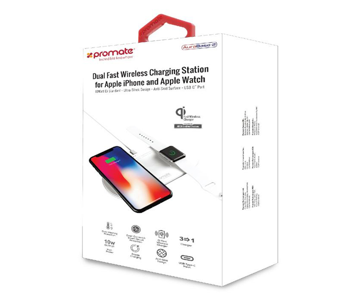 Promate AuraBase-2 Dual Fast Wireless 3 in1 Charger Pad for iPhone - White - Zoom Image 7