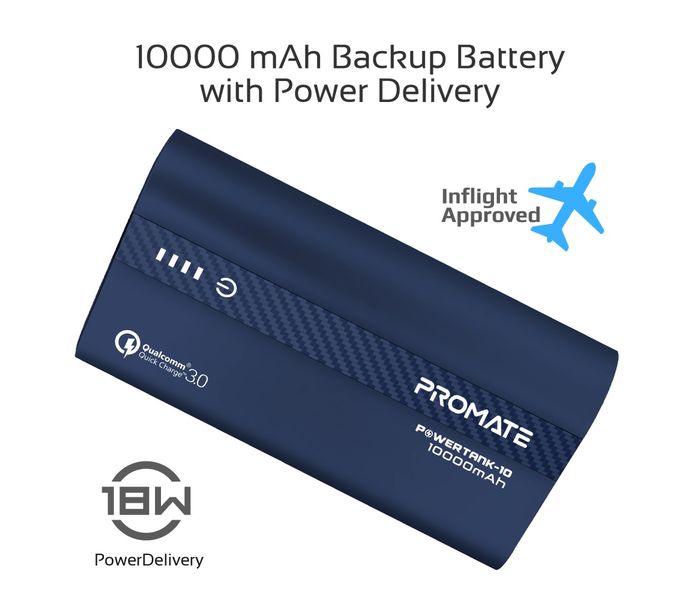 Promate Powertank-10 Portable 10000mAh with Qualcomm QC 3.0 and Over Charging Protection - Blue - Zoom Image 1