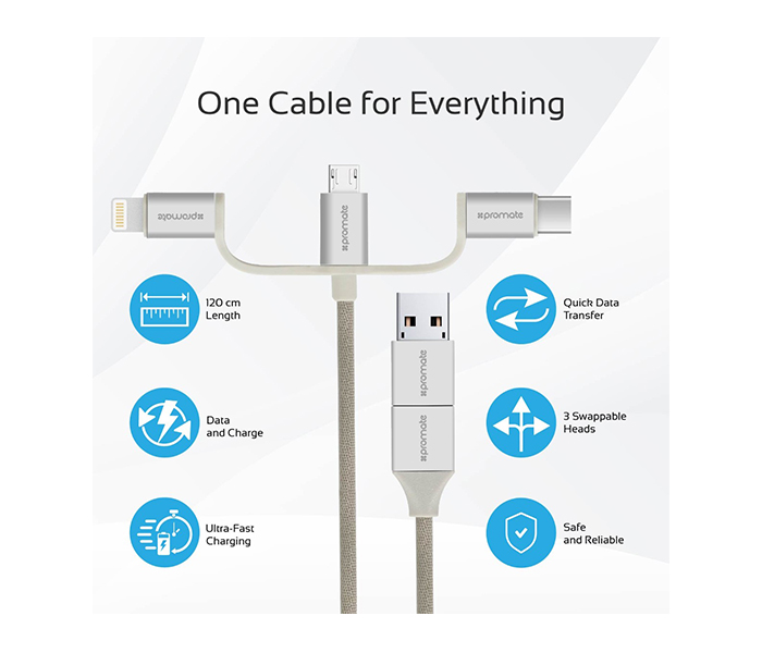 Promate UNILINK-TRIO2 3-in-1 Smart USB Cable for Charging and Data Transfer - Sliver - Zoom Image 1