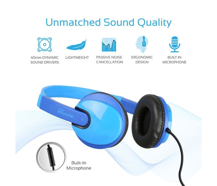 Promate Jamz Kiddie Over-The-Ear Wired Stereo Headset with HD Sound, Blue - Zoom Image 2