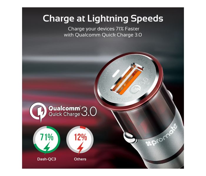 Promate Dash-QC3 Ultra Small Car Charger with Qualcomm QC 3.0 Quick Charge, Black - Zoom Image 1