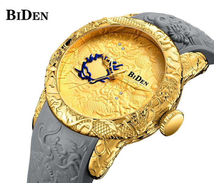 BIDEN 3D Engraved Luxury Silicone Strap Watch For Men - Gold - Zoom Image 2