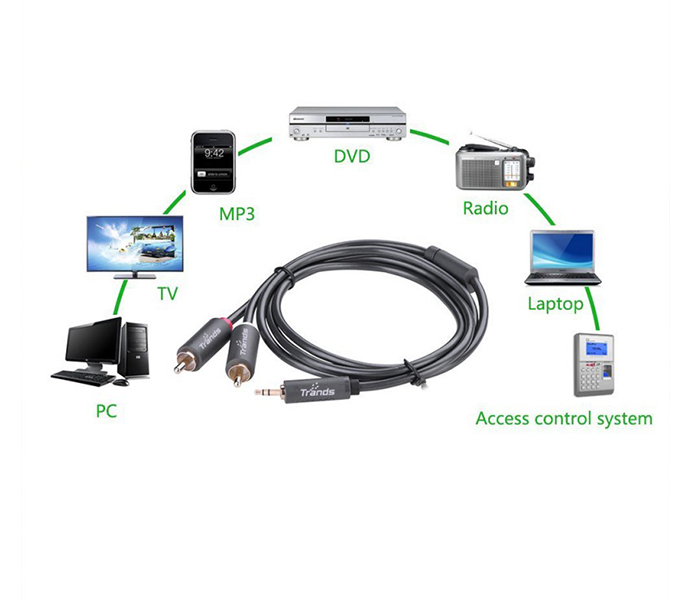 Trands TR-CA345 3.5 mm Male to 2 Male RCA Splitter Stereo Audio Cable - Grey - Zoom Image 1
