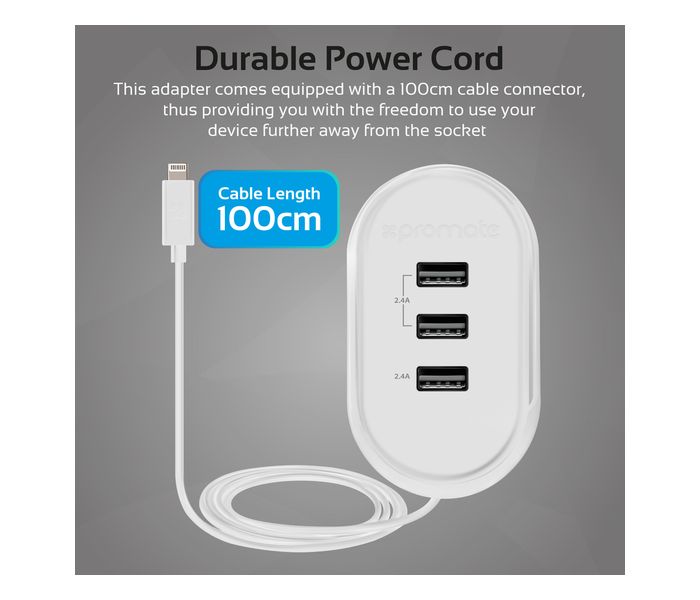 Promate Tonardo-3LT.UK Heavy Duty Home Charger with Lightning Connector, White - Zoom Image 2