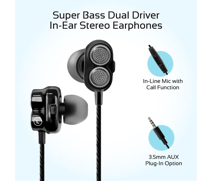 Promate Onyx Bass Boost Dual Driver In-Ear Earphones, Black - Zoom Image 1