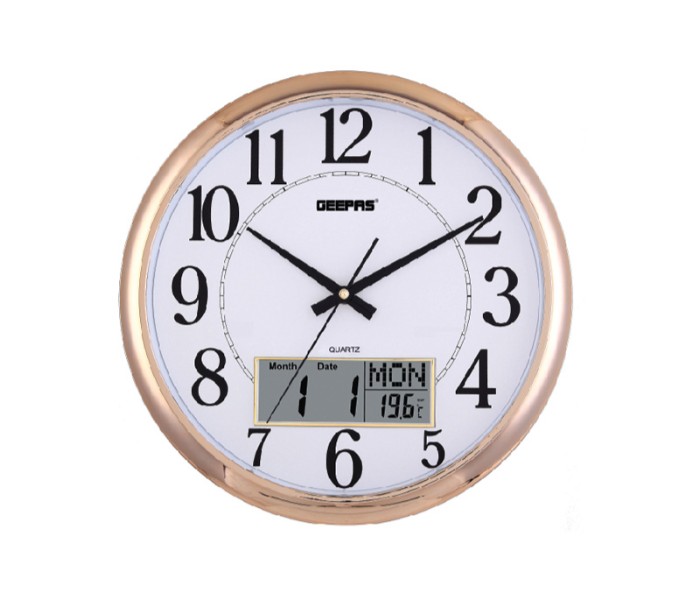 Geepas GWC4802 Wall Clock Taiwan Movement LCD Display White and Gold - Zoom Image