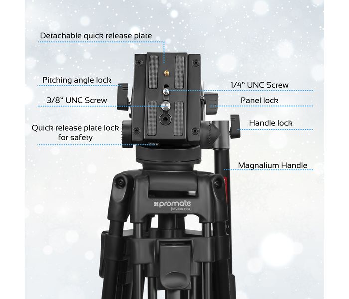 Promate Pixels-170 Professional Aluminum Video Tripod with Mid-Level Spreader, Black - Zoom Image 3