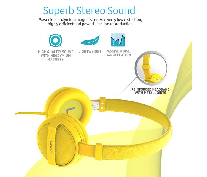 Promate Sonic Kid Friendly On Ear Stereo Wired Headset, Yellow - Zoom Image 2