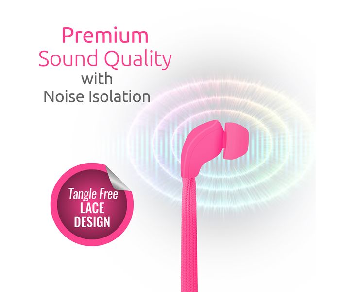 Promate Lacey Flat Trendy Tangle Free Lace Design Headphones with Built-in Microphone, Pink - Zoom Image 1