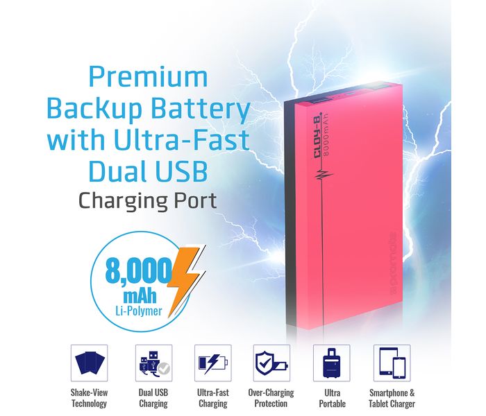 Promate Cloy-8 8000 mAh Dual Port Portable Charger Power Bank, Pink - Zoom Image 1