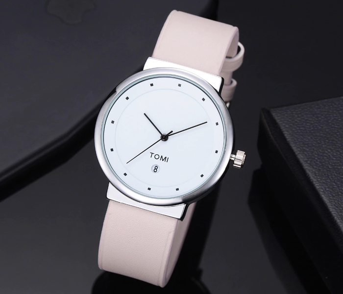 Tomi TM-0915 Maglo Faxes Genuine Quality Leather Band Wrist Watch for Unisex - White - Zoom Image 1