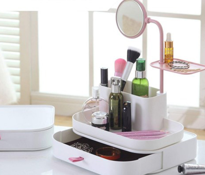 Cosmetic Organizer with Mirror - White & Pink - Zoom Image 4