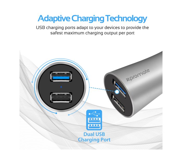 Promate Robust-QC3 Car Charger with Qualcomm Quick Charge 3.0 Dual USB Port, Silver - Zoom Image 1