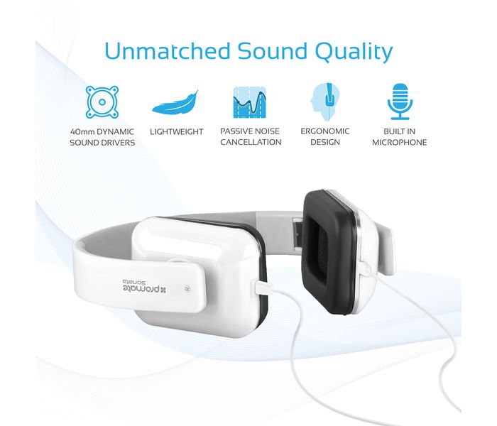 Promate Sonata Foldable Over-The-Ear Wired Stereo Headset, White - Zoom Image 2