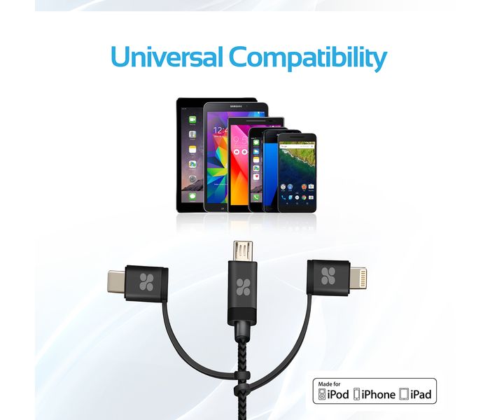 Promate UniLink-Trio 3 in 1 Triple Head Data and Charge Cable with Lightning, Type-C, and Micro-USB Connectors - Grey - Zoom Image 6