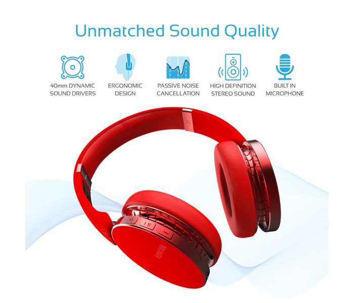 Promate Waves Dynamic Over-Ear Wireless Stereo Headset with Built-In Music Controls, Red - Zoom Image 2