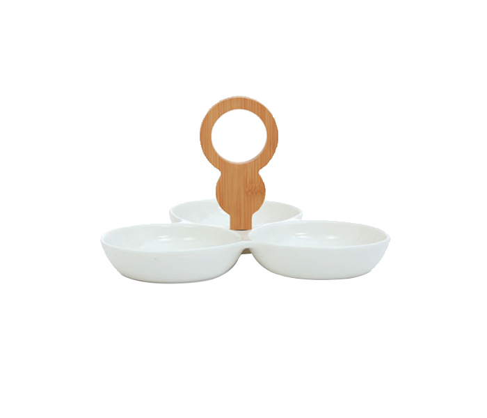 Royalford RF7689 10.5-inch Porcelain 3 Assorted Dish Bowl with Wooden Handle - White - Zoom Image