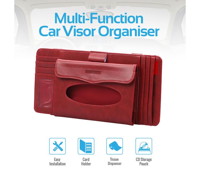 Promate CarCaddy 4-in-1 Multifunctional Car Sun Visor Organizer - Red - Zoom Image 1