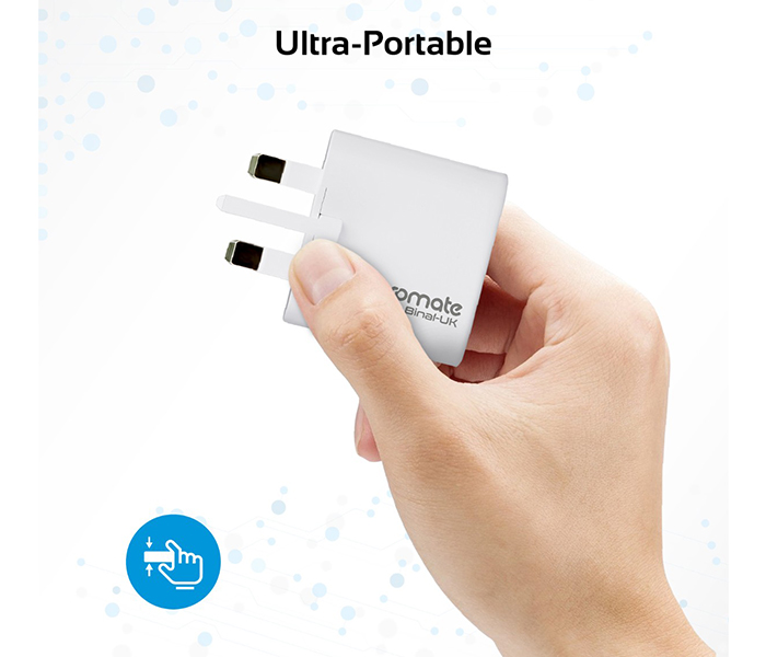 Promate Binal-UK 2.4A Ultra Compact Dual USB Port Wall Charger - White - Zoom Image 2