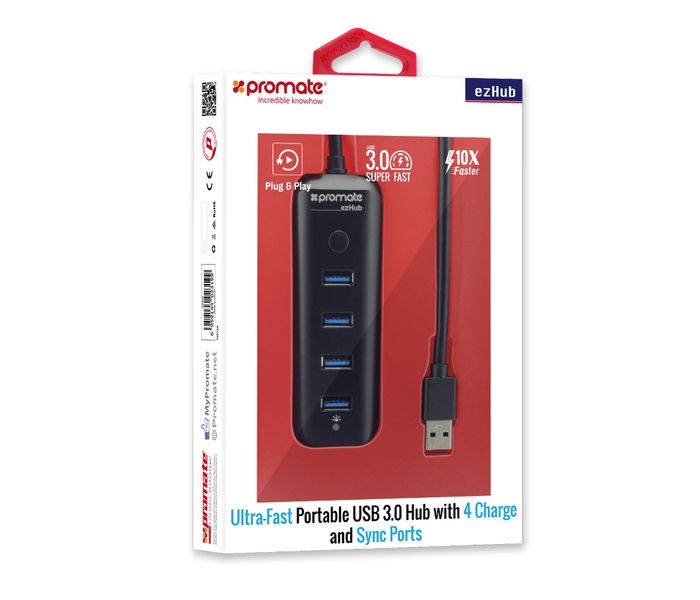 Promate Ezhub Ultra-Fast Portable USB 3.0 Hub with 4 Charge and Sync Ports, Black - Zoom Image 6