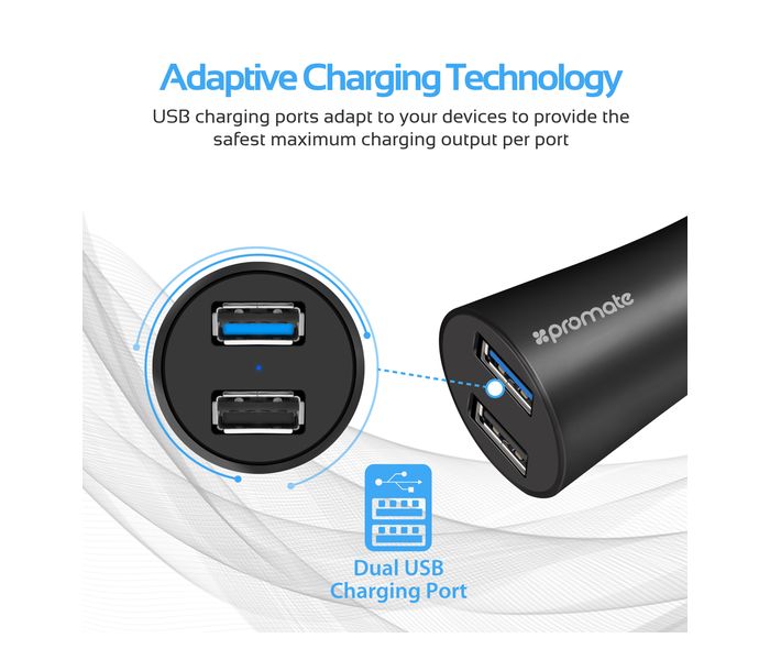 Promate Robust-QC3 Car Charger with Qualcomm Quick Charge 3.0 Dual USB Port, Black - Zoom Image 1