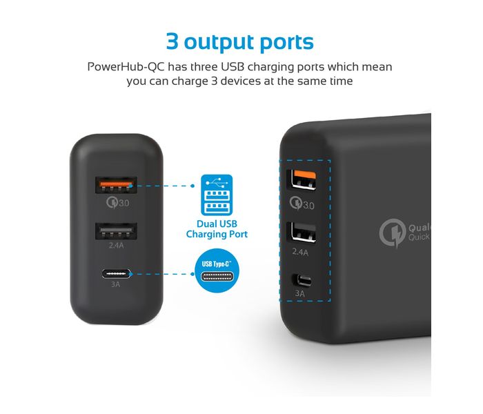 Promate PowerHub-QC.EU 30W Quick Charging Universal USB C Wall Charger, Black - Zoom Image 1