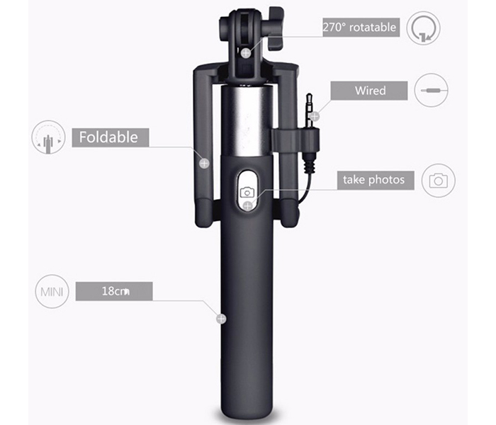 Trands TR-SS112 Extendable Ultra Slim Wired Selfie Stick - Black - Zoom Image 2