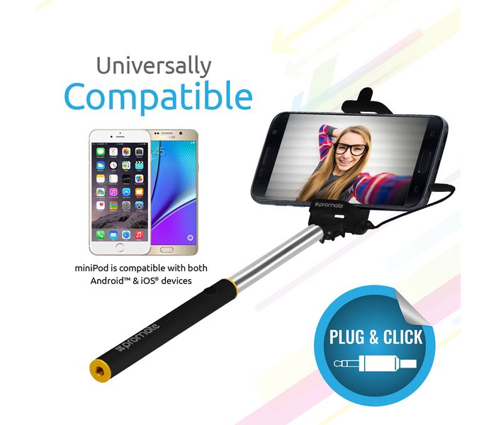 Promate Minipod Perfectly Foldable Extendable Selfie Stick Pole Wire Monopod with Built-in Remote Shutter, Black - Zoom Image 5