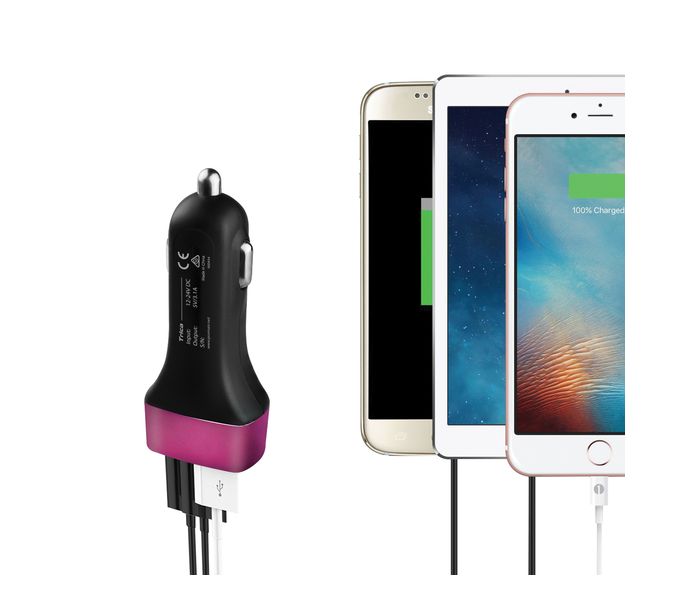 Promate Trica Ultra Fast Lightweight Universal Car Charger with 3 Port USB, Pink - Zoom Image 3