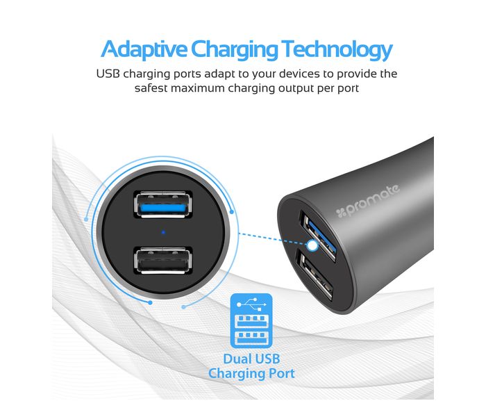 Promate Robust-QC3 Car Charger with Qualcomm Quick Charge 3.0 Dual USB Port, Grey - Zoom Image 1