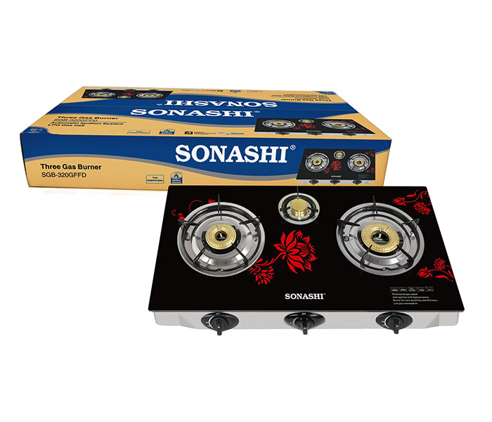 Sonashi SGB-320GFFD Three Burner Gas Stove with Full Safety Glass & Floral - Black - Zoom Image 4