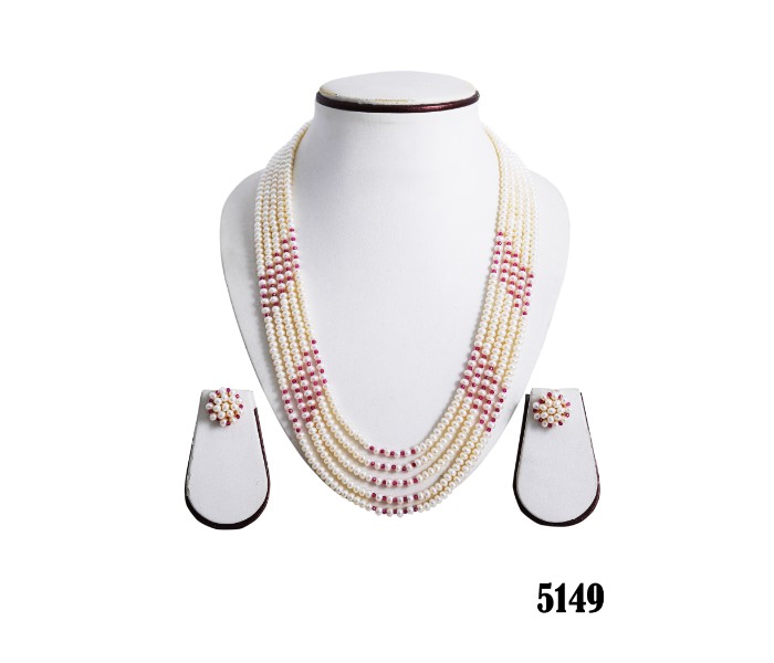 Netra Pearl 5149 5 Line Ruby Necklace Set White and Pink - Zoom Image