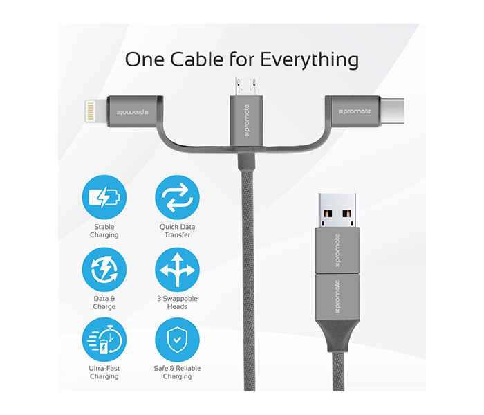 Promate UNILINK-TRIO2 3-in-1 Smart USB Cable for Charging and Data Transfer - Grey - Zoom Image 1