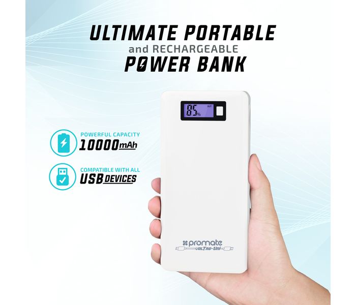 Promate VolTag-UNI 10000 mAh Portable Charger Power Bank, White - Zoom Image 1