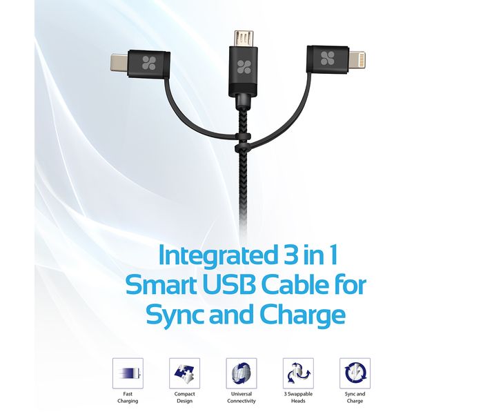 Promate UniLink-Trio 3 in 1 Triple Head Data and Charge Cable with Lightning, Type-C, and Micro-USB Connectors - Grey - Zoom Image 1