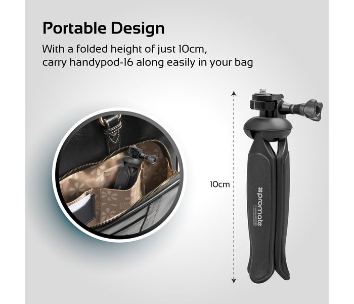 Promate HandyPod-16 Lightweight Camera Mini Tripod with 180-Degree Adjustable Head, Black - Zoom Image 3